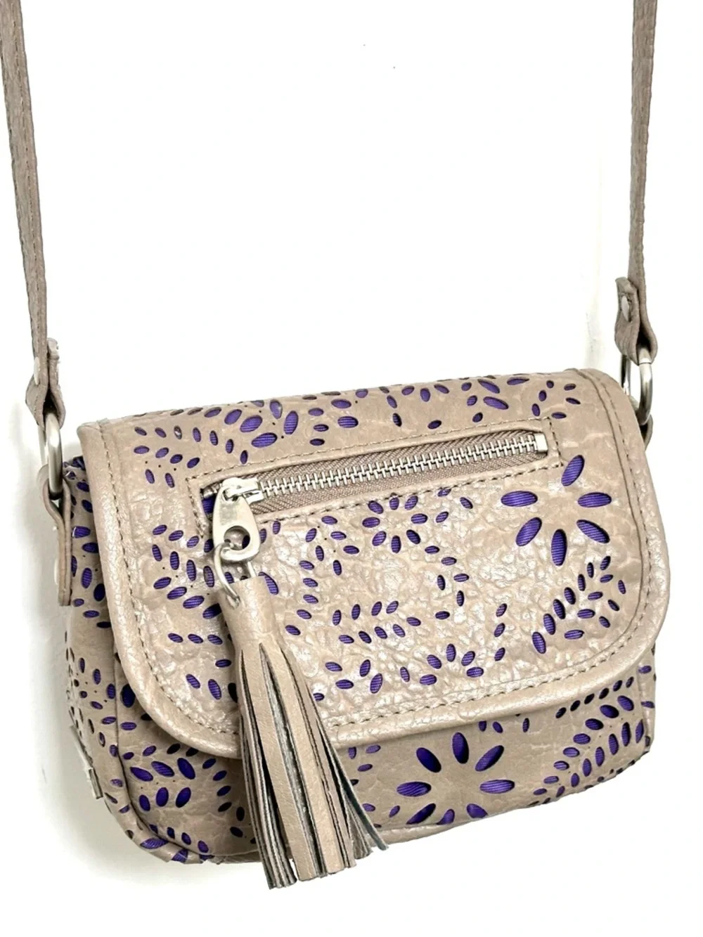 Kensie Girl Taupe Laser-Cut Mini Crossbody Bag with Purple Accent